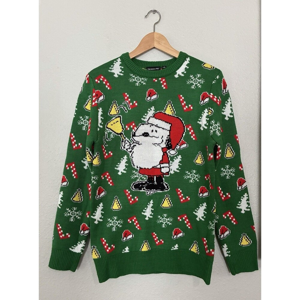 Peanuts Musical Graphic Christmas Sweater Green Small Snoopy Woodstock